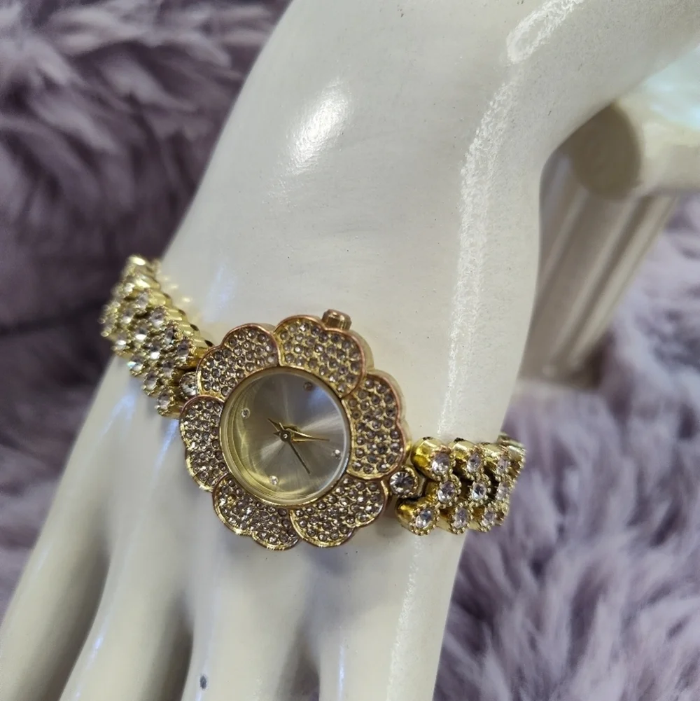 Charter Club Gold Floral Rhinestone Watch 8 Inch - Picture 2 of 9
